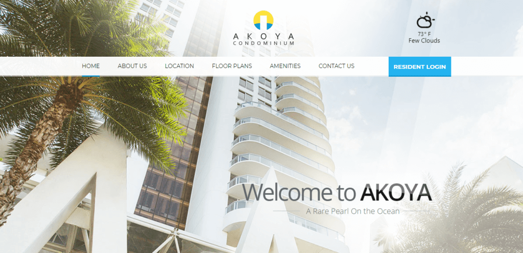 Meet the TOP 5 Best Condo Websites to Inspire Your Own 4 a screenshot of akoya's website which shows an image of the condo which is a white multi storey building with text saying welcome to akoya