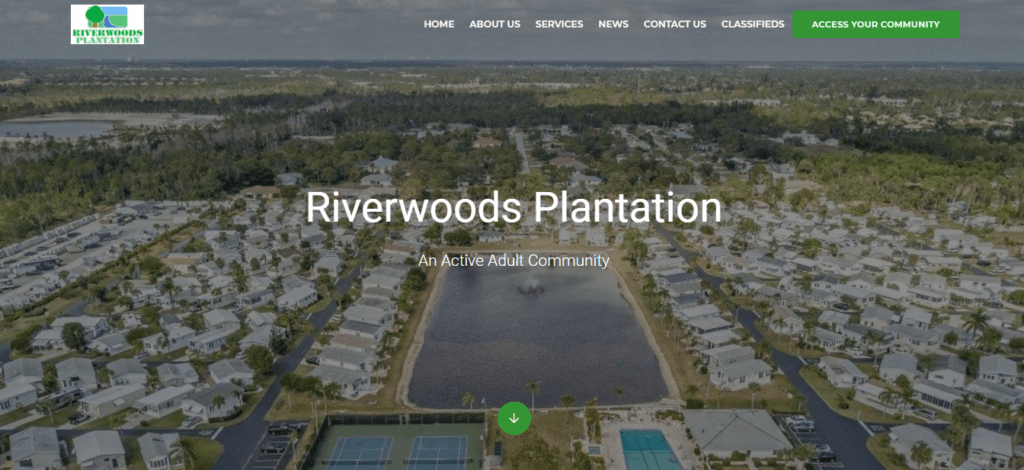 Meet the TOP 5 Best Condo Websites to Inspire Your Own 1 screenshot of our first best condo website - riverwoods plantation homepage which has an aerial photo of the community
