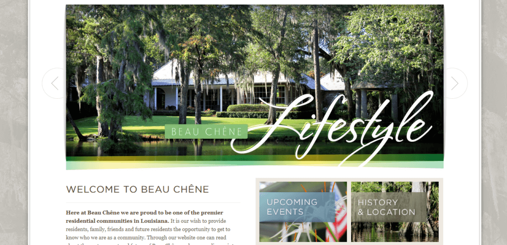 HOA Websites: How to Create Yours 5 Screenshot of Beau Chene's homepage of their HOA website which says Beau Chene lifestyle, welcome to beau chene
