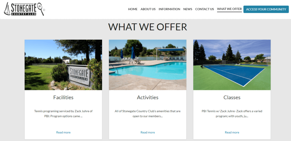 HOA Websites: How to Create Yours 4 screenshot of stonegate country club's website with the section what we offer that includes facilities, amenities and classes